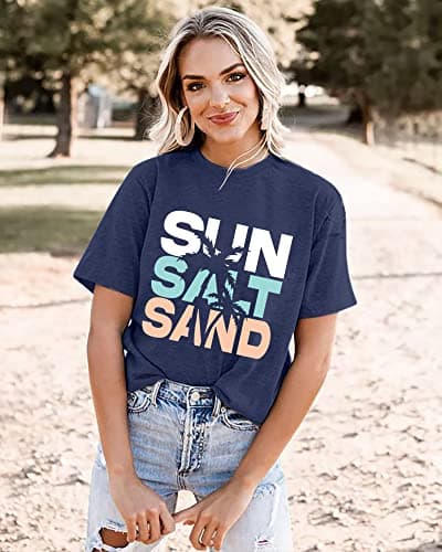 Fashvacation Sun Salt Sand Beach Tshirt for Women Summer Coconut Tree Graphic Casual Short Sleeve Loose Fit Tee
