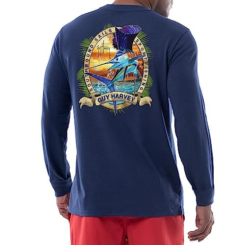 Guy Harvey Men's Billfish Collection Long Sleeve T-Shirt for Outdoor Adventures Features Modern Fishing Art Design Large — Estate Blue/Southbound Sails