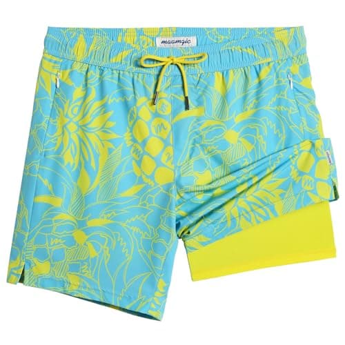 Maamgic 2 in 1 Mens Swim Trunks 7 Inch Swim Shorts - Recycled Material - Swimming, Beach - Durable and Comfortable - 32 — Juicy Pineapple-green