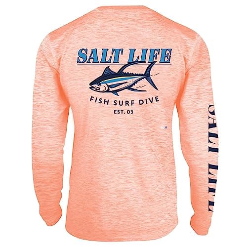Salt Life Men's Tuna Town Long Sleeve Performance Tee + Core Stretch + Active Men + Outdoor Adventures + Moisture Wickin — Papaya