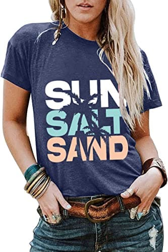 Fashvacation Sun Salt Sand Beach Tshirt for Women Summer Coconut Tree Graphic Casual Short Sleeve Loose Fit Tee