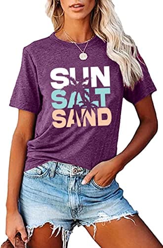 Fashvacation Sun Salt Sand Beach Tshirt for Women Summer Coconut Tree Graphic Casual Short Sleeve Loose Fit Tee — T08-purple
