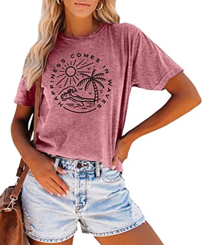 Summer T-Shirt Wave Coconut Tree Graphic Women Short Sleeve Casual Vacation Trip Tee Top
| MEESHEEP Women Summer Short — Pink