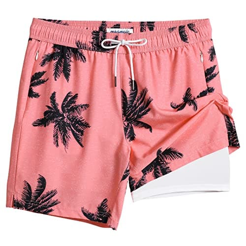 Maamgic 2 in 1 Mens Swim Trunks 7 Inch Swim Shorts - Recycled Material - Swimming, Beach - Durable and Comfortable - 32 — Palm Pink
