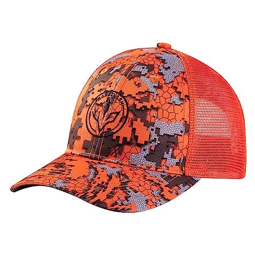 BASSDASH Altimate Fishing Hat Mesh Back Adjustable Baseball Trucker Cap for Men and Women Global Recycled Standard — Blaze Camo