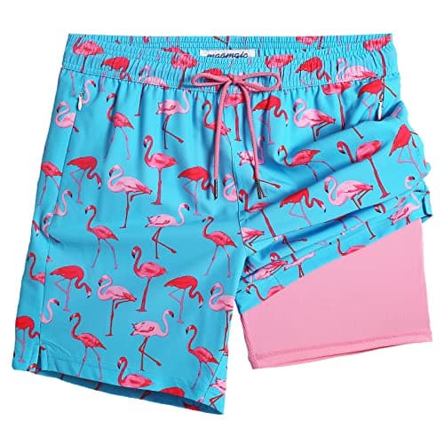 Maamgic 2 in 1 Mens Swim Trunks 7 Inch Swim Shorts - Recycled Material - Swimming, Beach - Durable and Comfortable - 32 — Flamingo Blue