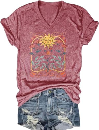 Women's Boho V-Neck Flowers T-Shirt Wildflowers Graphic Summer Tee
| Cute Women's V-Neck Wildflowers Graphic Short Slee — C-pink1