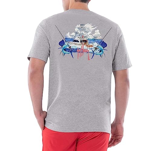 Guy Harvey Men’s Threadcycled Short Sleeve T-Shirt for Outdoor Adventures Comfort and Style — Grey Heather/Out Fishing