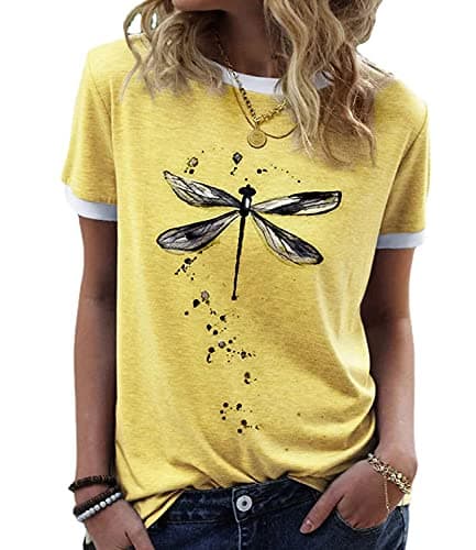 JNIFULI Women's Casual Summer Short Sleeve Graphic Tees Funny Dragonfly Printed Cute Tops
| JNIFULI Women's Funny Drago — Yellow