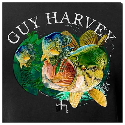 Guy Harvey Men’s Short Sleeve Cotton Graphic T-Shirt for Outdoor Adventures featuring Sea Life Art, Size Medium, 100% Co — Black/Large Mouth Bass