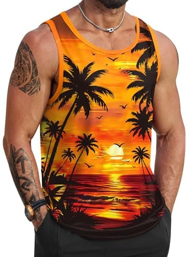 VOGSTART Mens Summer Beach Tank Tops Vacation Sleeveless Shirts (S-3XL)  
VOGSTART Mens Muscle Tank Tops for Summer Beac — Palm Tree Sunset 1