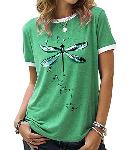 JNIFULI Women's Casual Summer Short Sleeve Graphic Tees Funny Dragonfly Printed Cute Tops
| JNIFULI Women's Funny Drago — Green