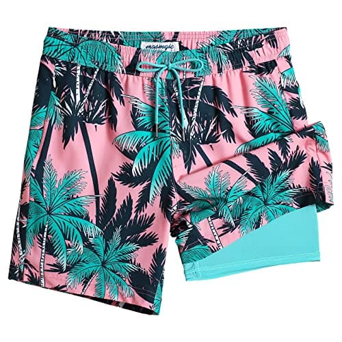 Maamgic 2 in 1 Mens Swim Trunks 7 Inch Swim Shorts - Recycled Material - Swimming, Beach - Durable and Comfortable - 32 — Pink Tree