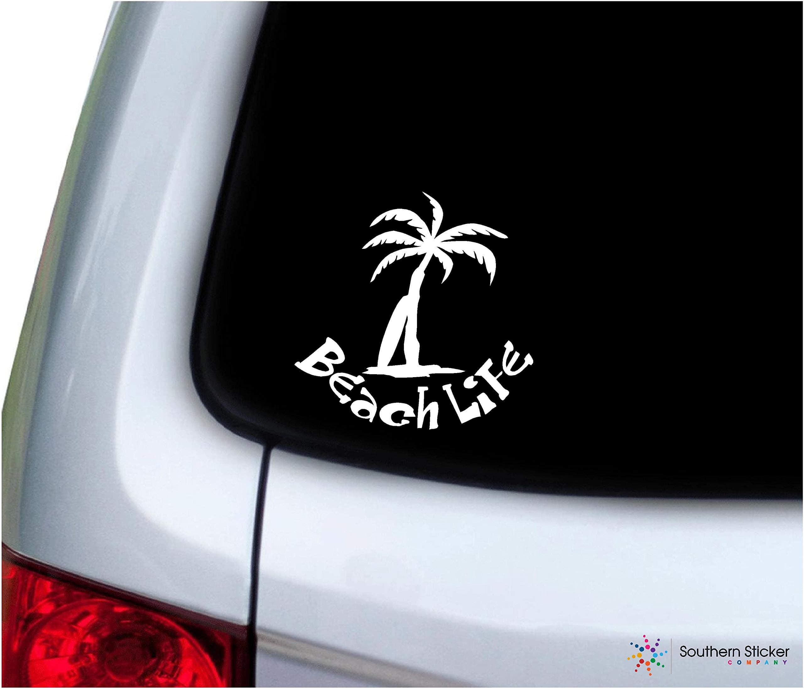 Beach Life Palm Tree Surfboard White Car Window Decalstickers USA Made and Shipped Color Vinyl