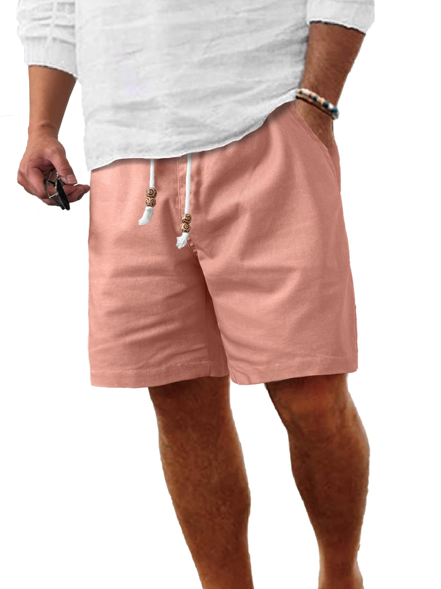 Comdecevis Men's Linen Shorts Casual Elastic Waist Drawstring Summer Beach Vacation Yoga Golf Shorts with Pockets  
Comd