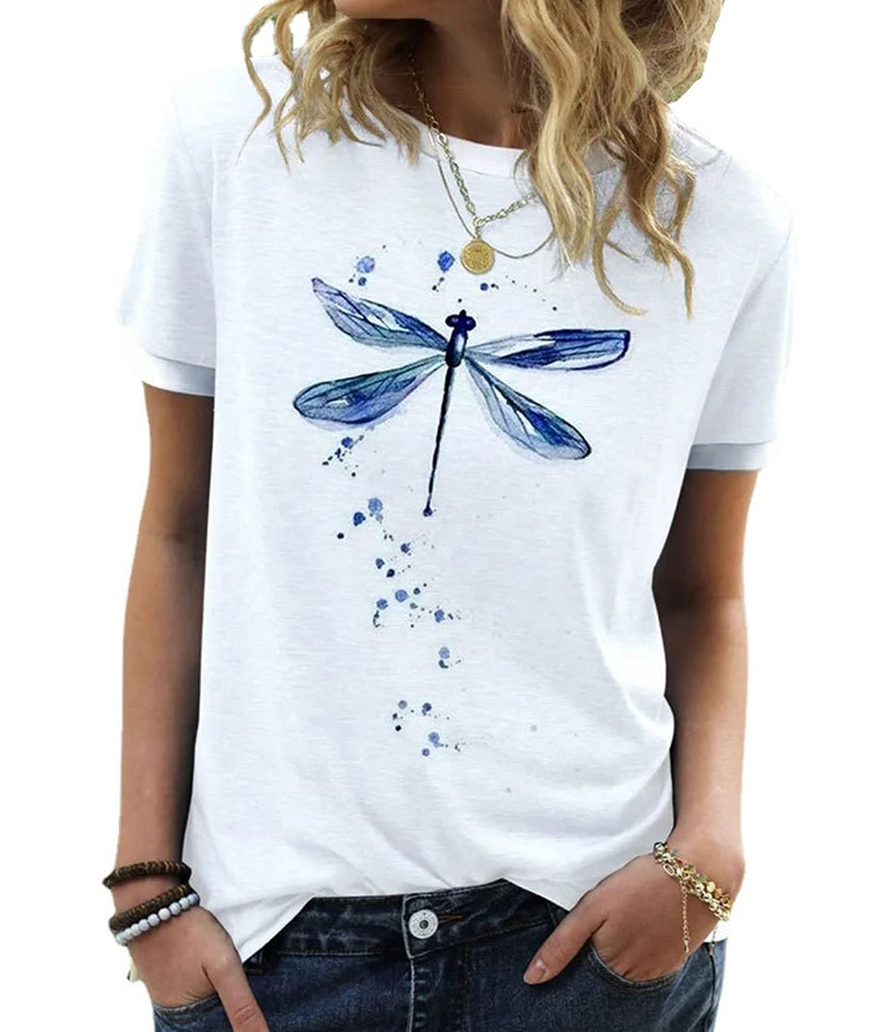 JNIFULI Women's Casual Summer Short Sleeve Graphic Tees Funny Dragonfly Printed Cute Tops
| JNIFULI Women's Funny Drago