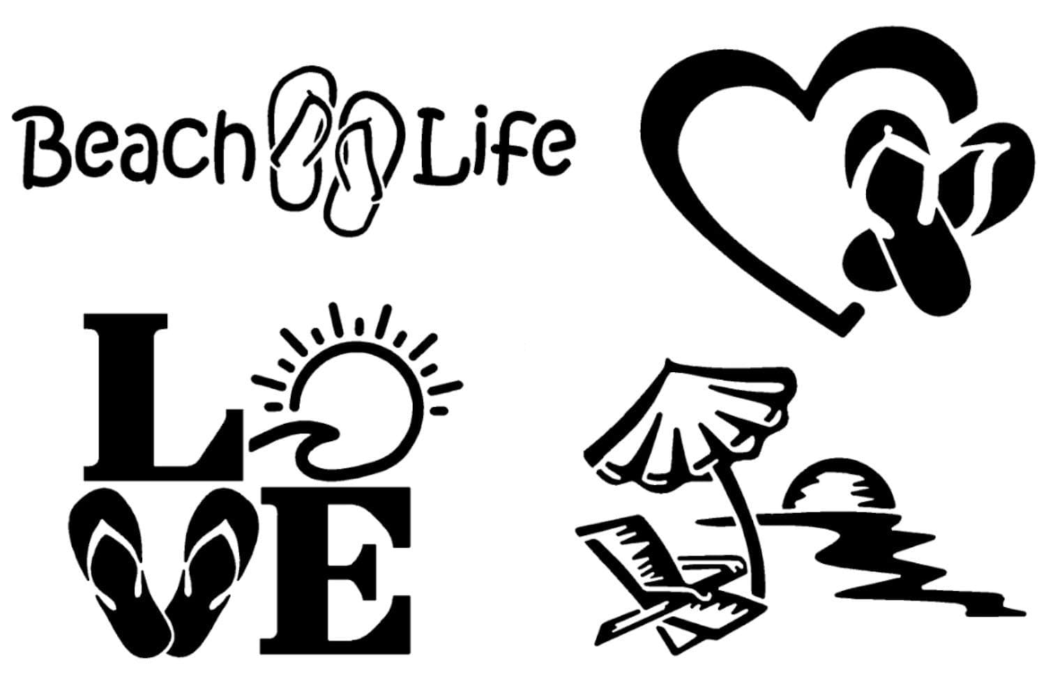 Beach Life Decals 4 Pack for Beach Lovers: Beach Life, Flip Flop Heart, Love, Chair Umbrella Sun (Black, Small ~|5")