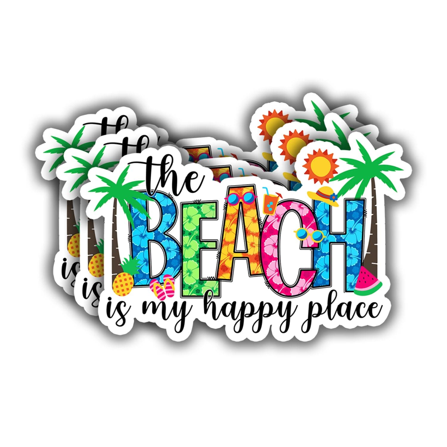 Beach Happy Place Funny Ocean Life Tumbler Decal Sticker for Kindle Laptop Phone Water Bottle Hard Hat - 3x2 Vinyl Deca