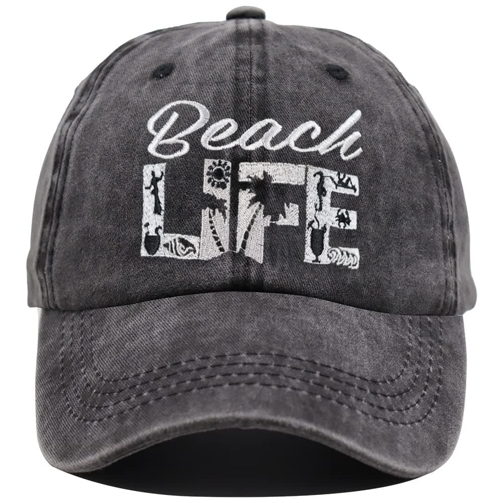 HHNLB Beach Life Hat for Men Women: Beach Hat with Adjustable Fit, Vintage Embroidered Baseball Cap, Distressed Washed S